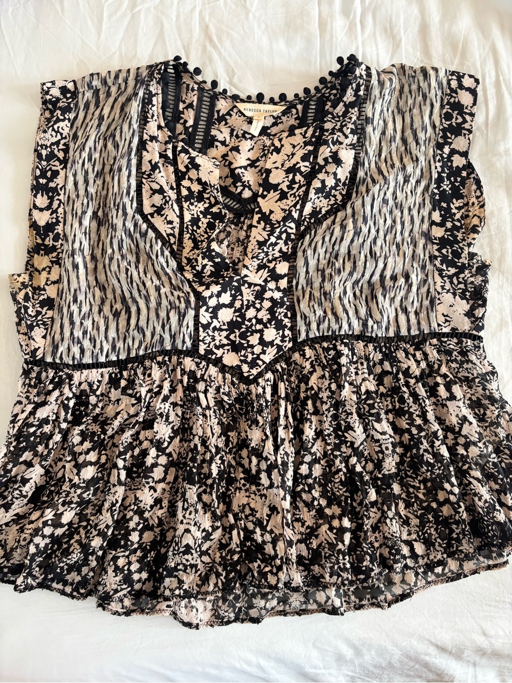 Rebecca Taylor Black and Cream Floral-Print Peplum Tunic